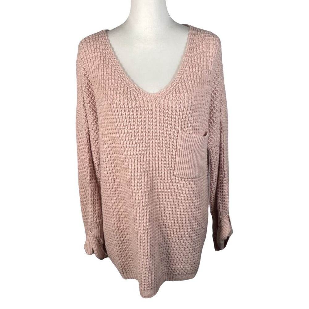 Simplee V Neck Pink Waffle Knit Long Sleeve Pullover Sweater M